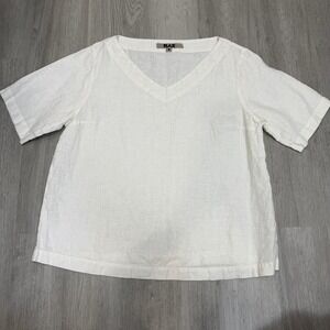 FLAX White Blouse V Neck 100% Linen Top Boxy Oversize Lagenlook Minimalist  S